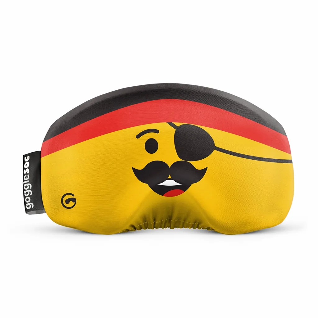 Yellow protective ski goggle cover with pirate motif, eye patches, moustache and German colors at the top.