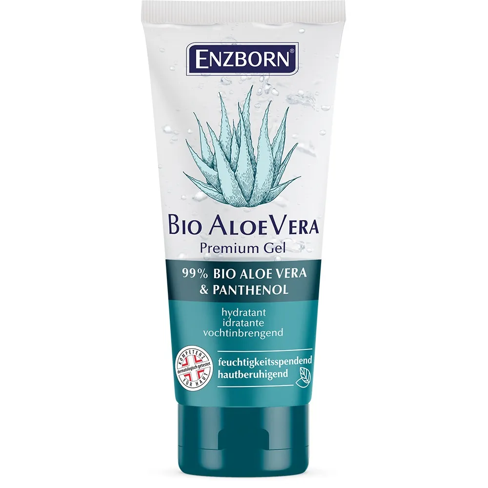 Eine Tube Enzborn Bio Aloe Vera Premium Gel mit Aloe Vera Pflanze und blauer Beschriftung auf weißem Hintergrund.