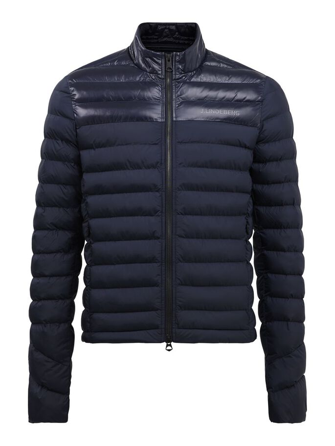 Marineblaue, wattierte Rick Light Jacket mit Reißverschluss und J.Lindeberg-Logo auf der Brust.