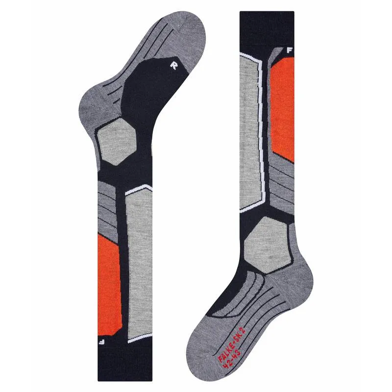 Due calzini da sci Falke SK2 in navy, grigio e arancione con motivo geometrico.