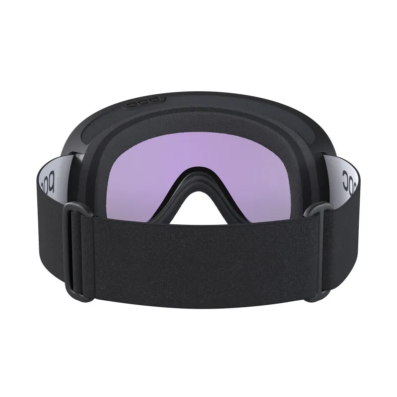 Black ski goggles with purple lenses and a wide, adjustable strap against a white background.