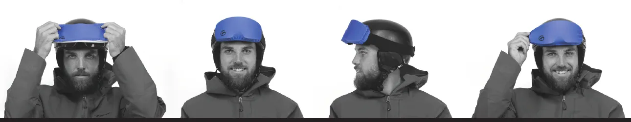 Collage: Man with beard and ski helmet puts on blue protective cover. Side view of the cover on the helmet. Grayscale image.