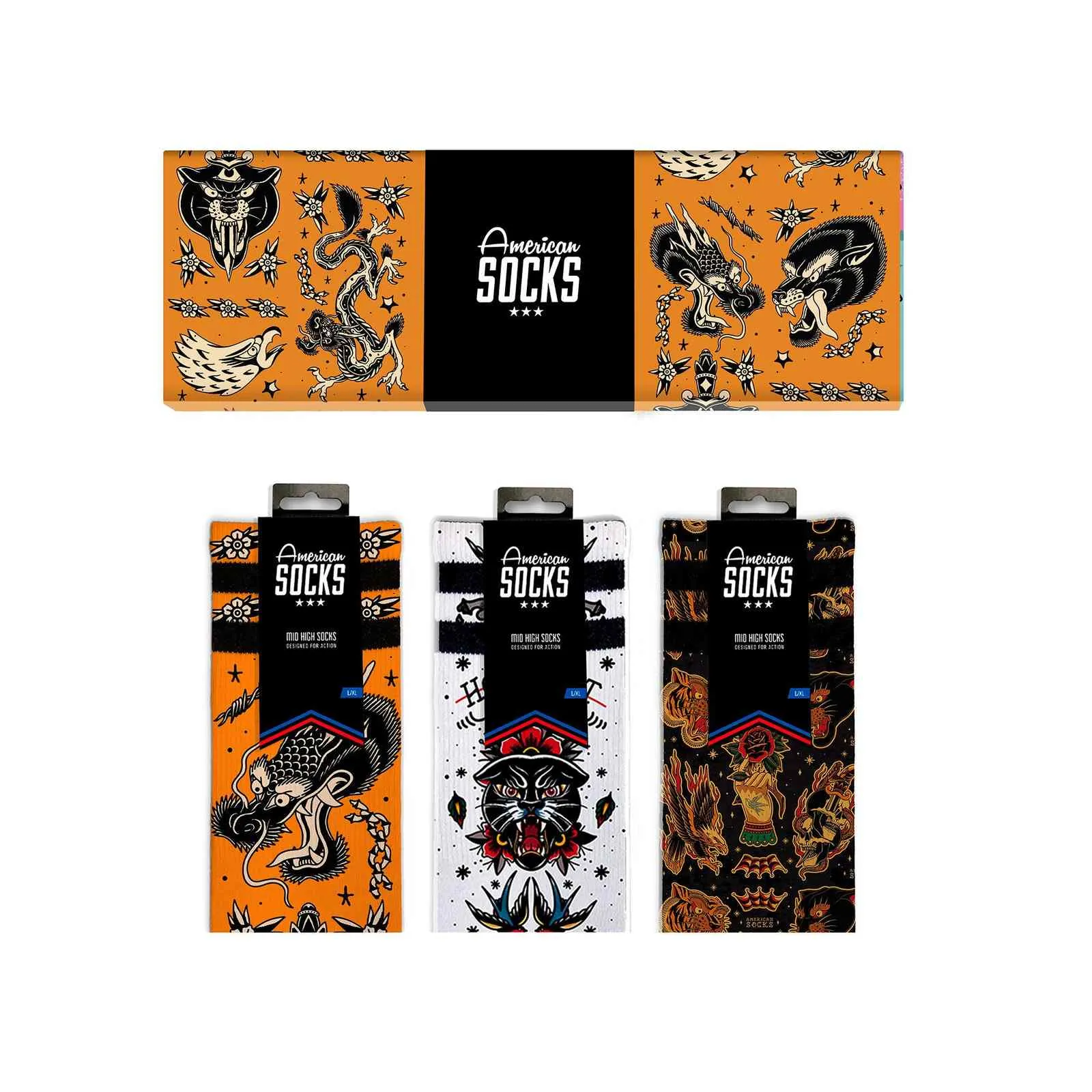 Inked Socks Giftbox: Three packaged socks with tattoo motifs, including dragon, panther and eagle.