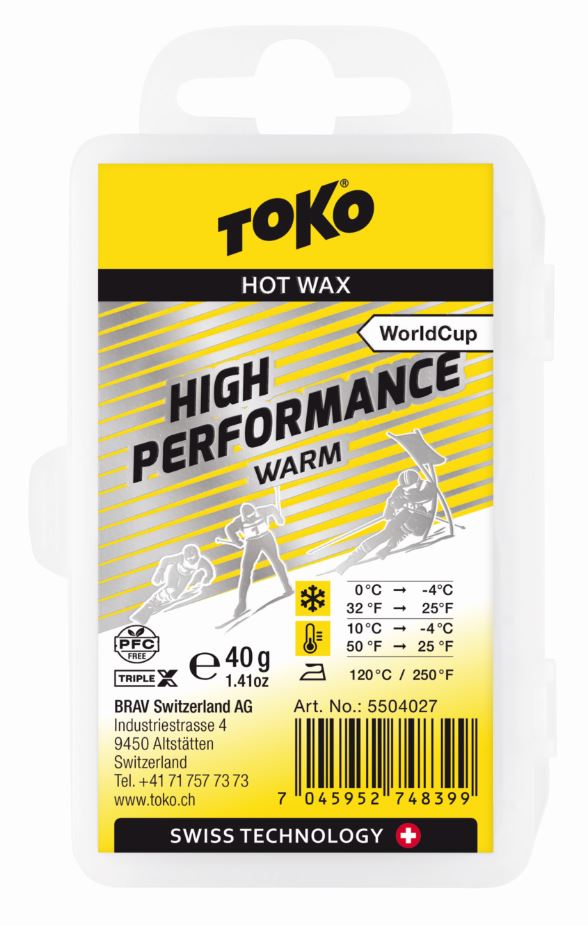 Verpackung Toko High Performance Warm Heisswachs, gelb-schwarz, mit Schnee-Piktogrammen und techn. Daten.