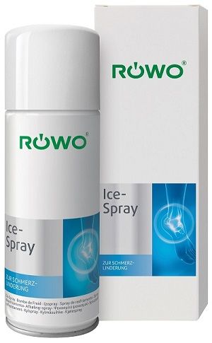 Rowo Ice-Spray 450ml Bombe aérosol blanche et carton de Rowo Ice-Spray pour le soulagement de la douleur, avec illustration de pied.
