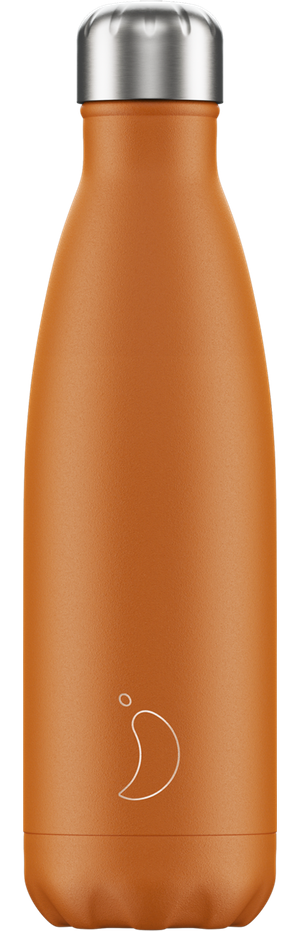 Gourde orange mate Chillys avec bouchon et logo argentés.