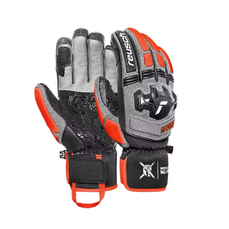 Two ski gloves in gray, black and orange with Reusch logo and 'World Warrier' print. One of the gloves is shown open.