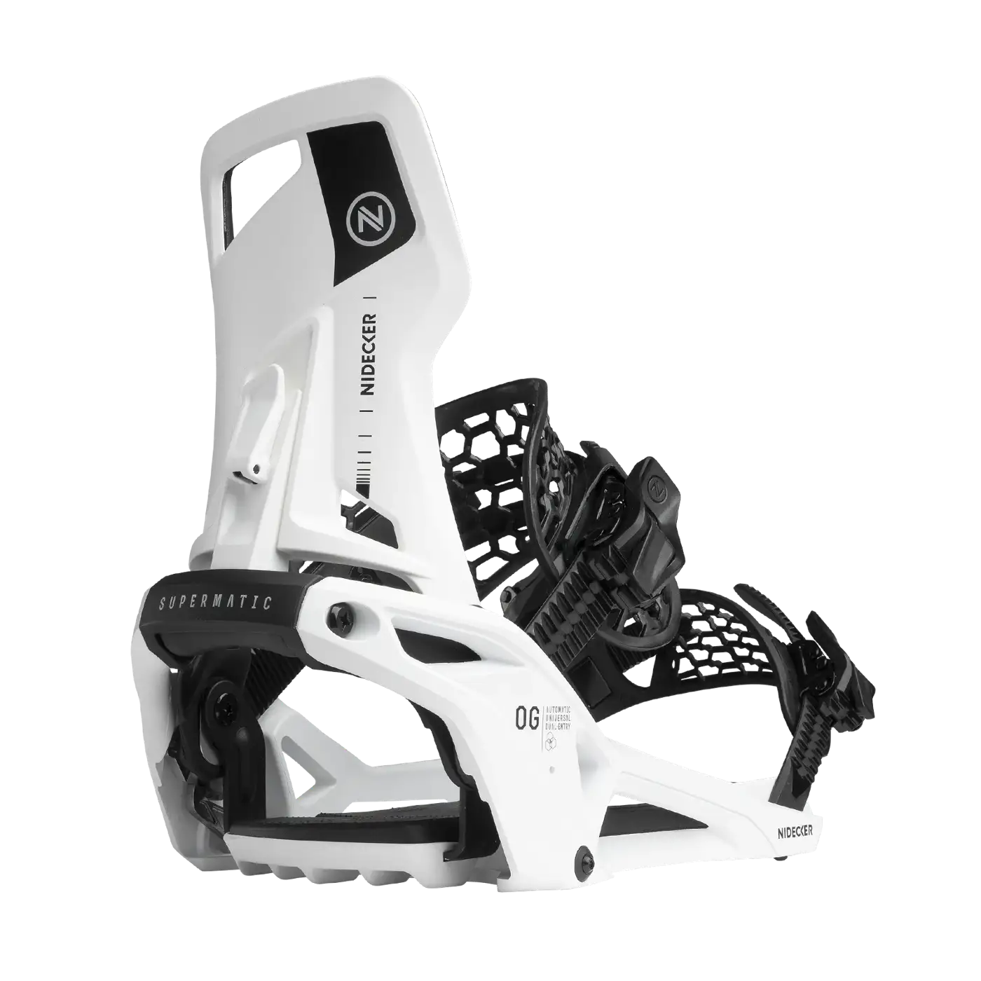 Vue détaillée d'une fixation de snowboard de la marque Nidecker, modèle Supermatic, en blanc et noir.