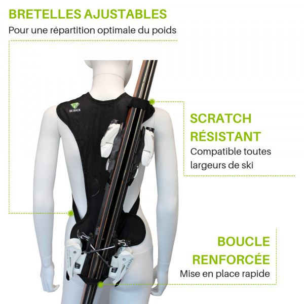 Cordura Skiback Mannequin Mannequin mit Cordura Light Skiback, Ski diagonal auf dem Rücken. Verstellbare Träger, kratzfest, verstärkte Schnalle.