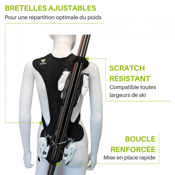 Mannequin avec Cordura Light Skiback, ski en diagonale sur le dos. Bretelles réglables, anti-rayures, boucle renforcée.