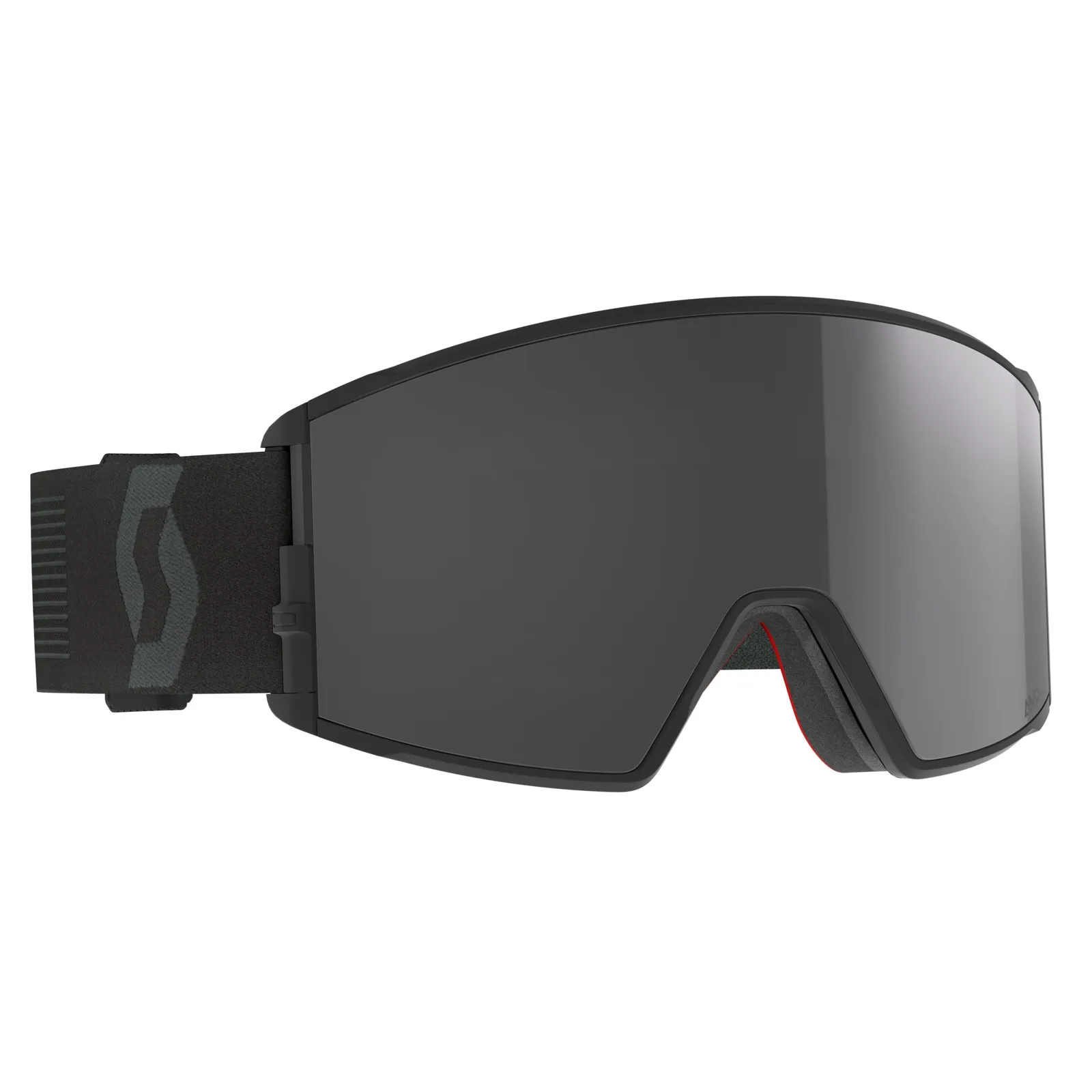 Schwarze Scott React Skibrille mit grauem Glas und Logo am Band, Frontansicht.