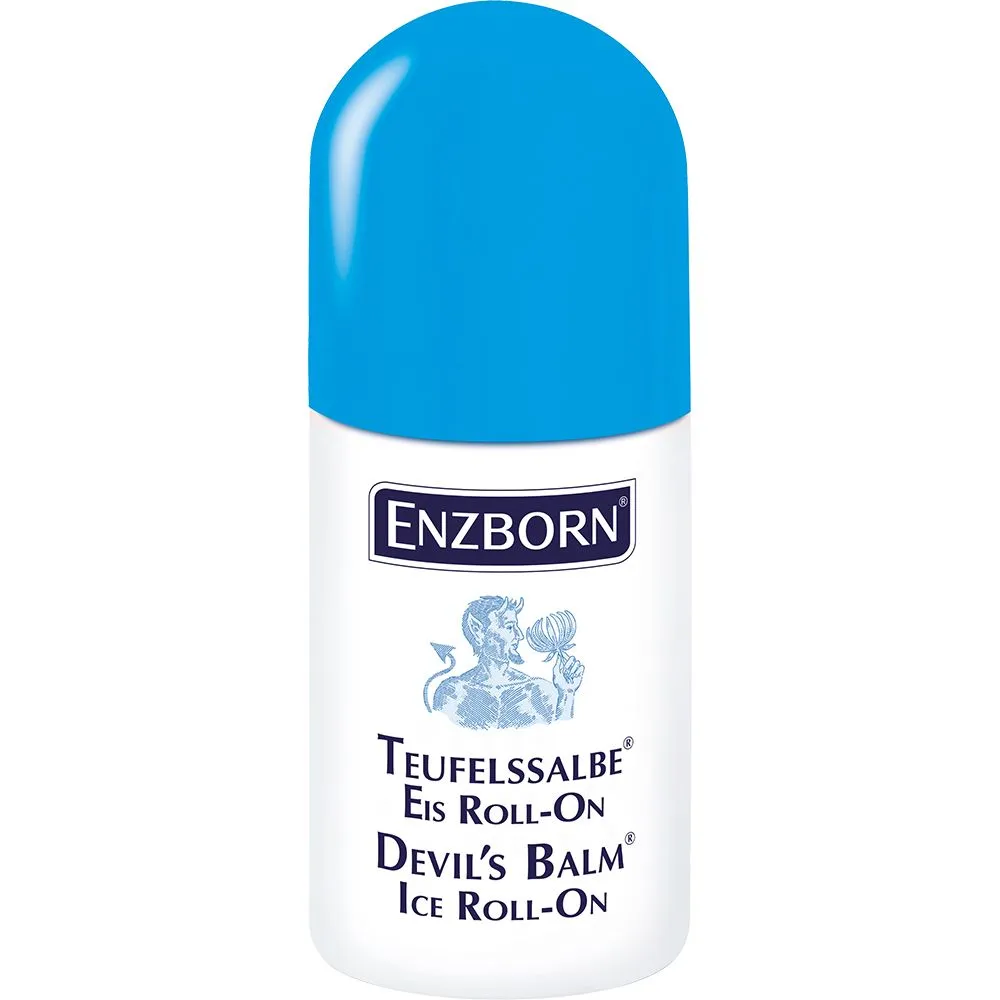 Ein weißer Roll-On-Stift mit einem blauen Deckel, der mit „Enzborn Teufelssalbe“ beschriftet ist.