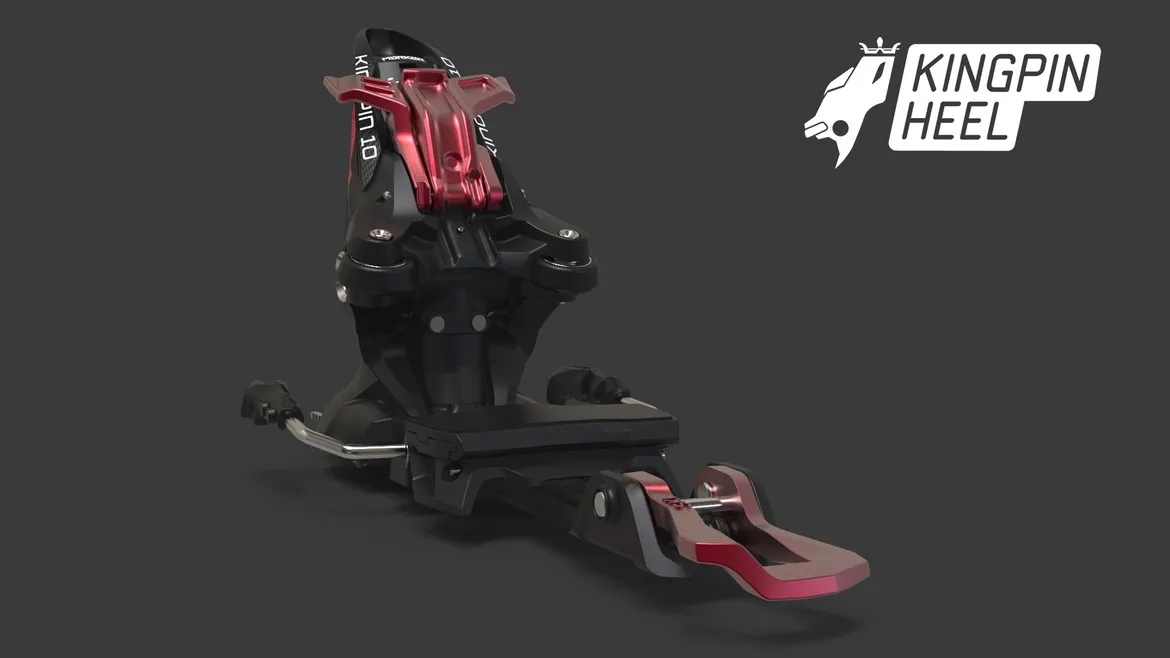 Close-up of the black/red KingPin 13 ski touring binding heel.