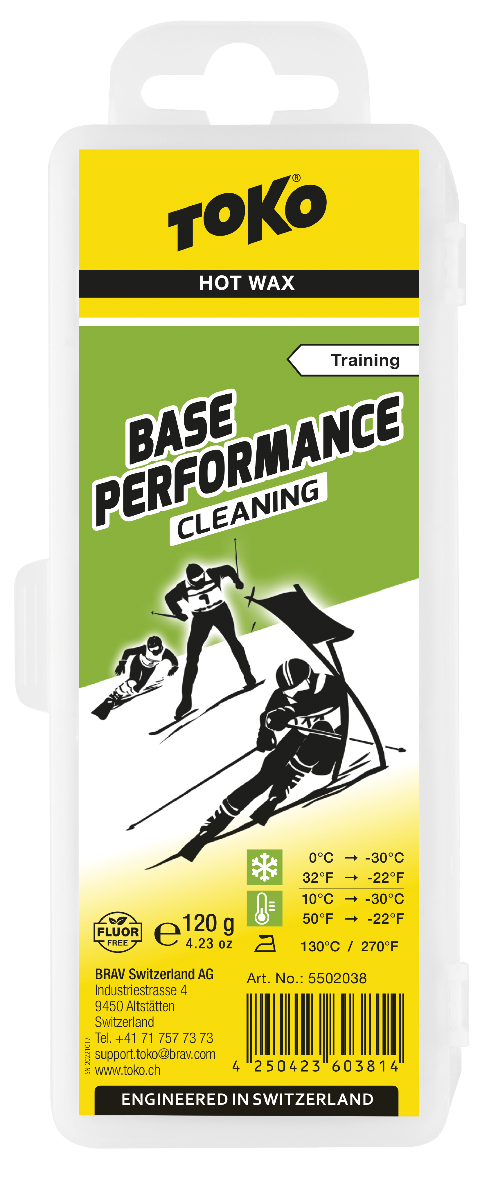 Verpackung Toko Base Performance Cleaning Wax, Text mit Skiläufer-Illustration und Temperaturangaben.