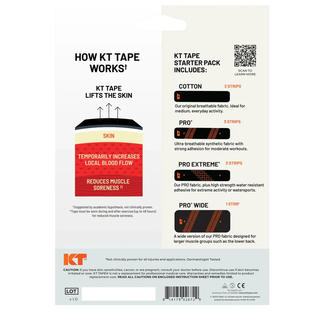 KT Tape Starter Pack : Contient les variantes Cotton, PRO, PRO Extreme et PRO Wide Tape. Schéma de l'effet de KT Tape.