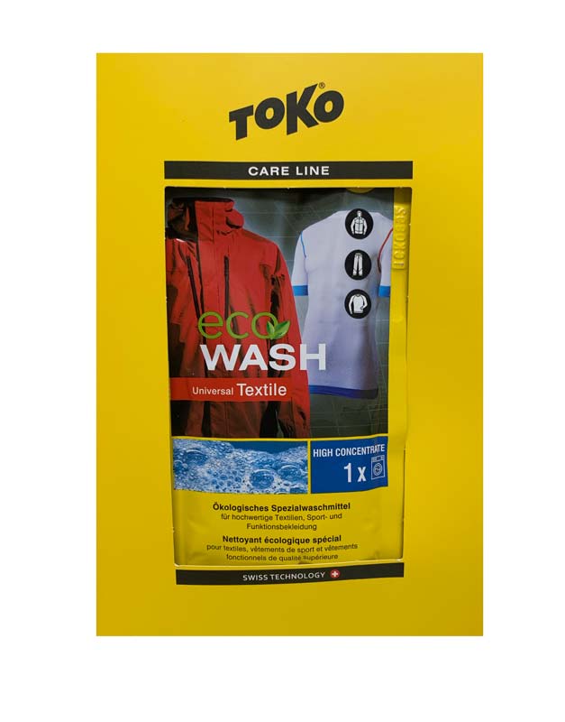 Verpackung Toko Eco Universal Textile Wash, gelb, mit Jacken- und T-Shirt-Symbolen.