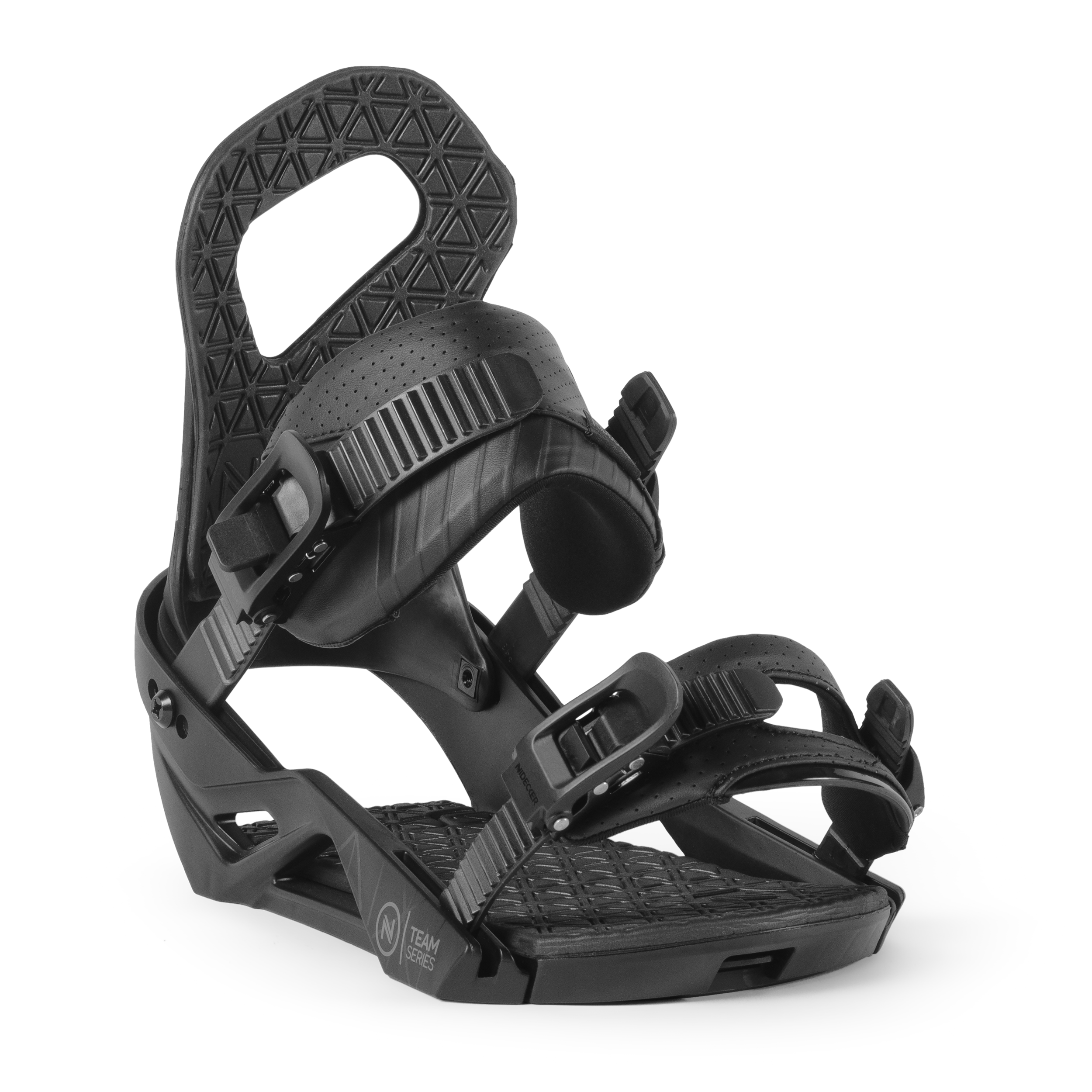 Schwarze Nidecker Team Snowboard Bindung von schräg vorne, mit Highback und Knöchelriemen Details.
