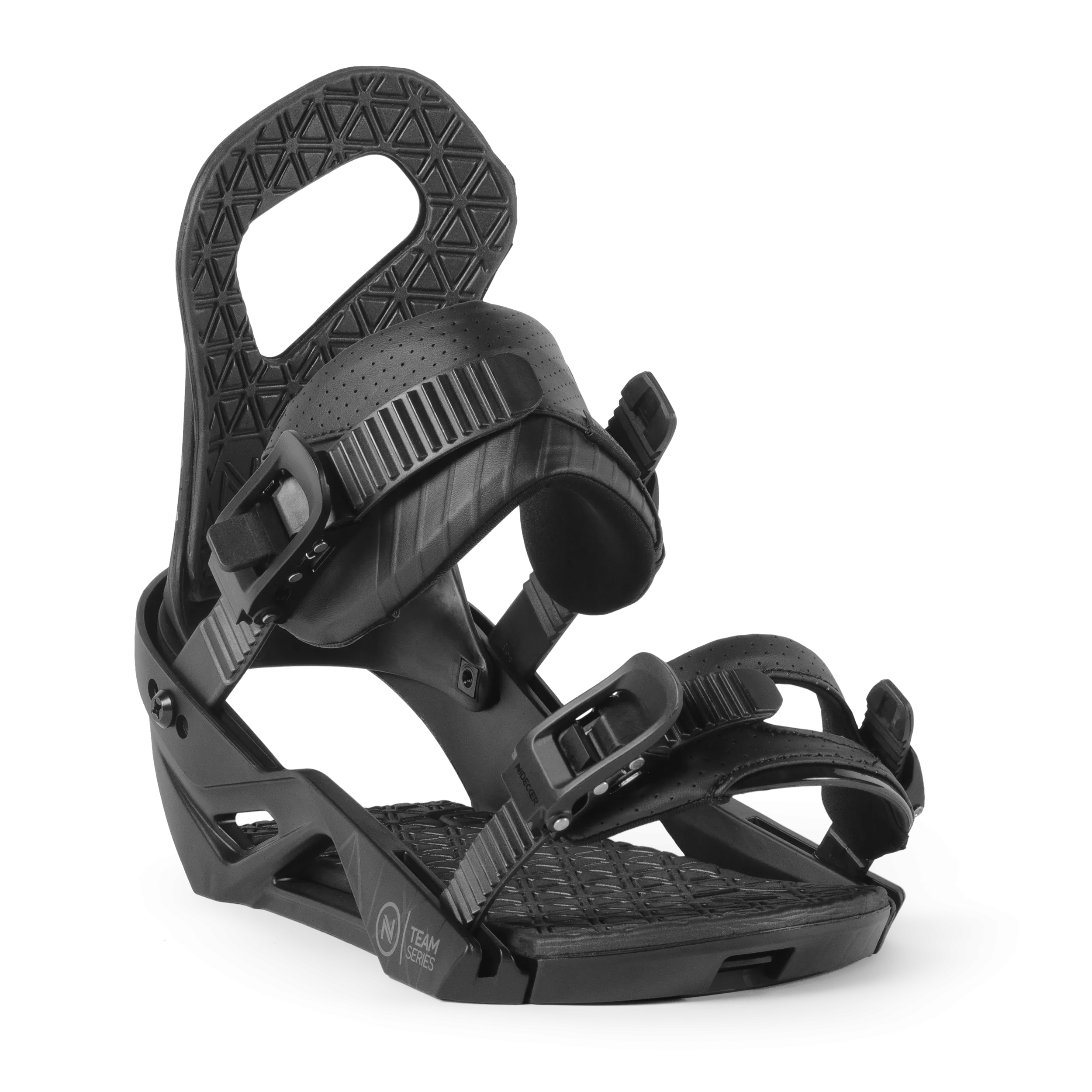 Schwarze Nidecker Team Snowboard Bindung von schräg vorne, mit Highback und Knöchelriemen Details.