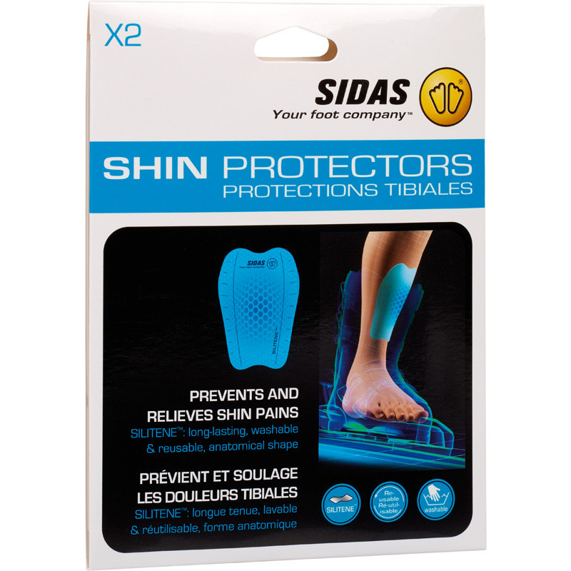 Sidas Shin Gel Pads Verpackung von Sidas Shin Gel Pads, zeigt Gel Pad und Fuß mit angebrachtem Schienbeinschutz.