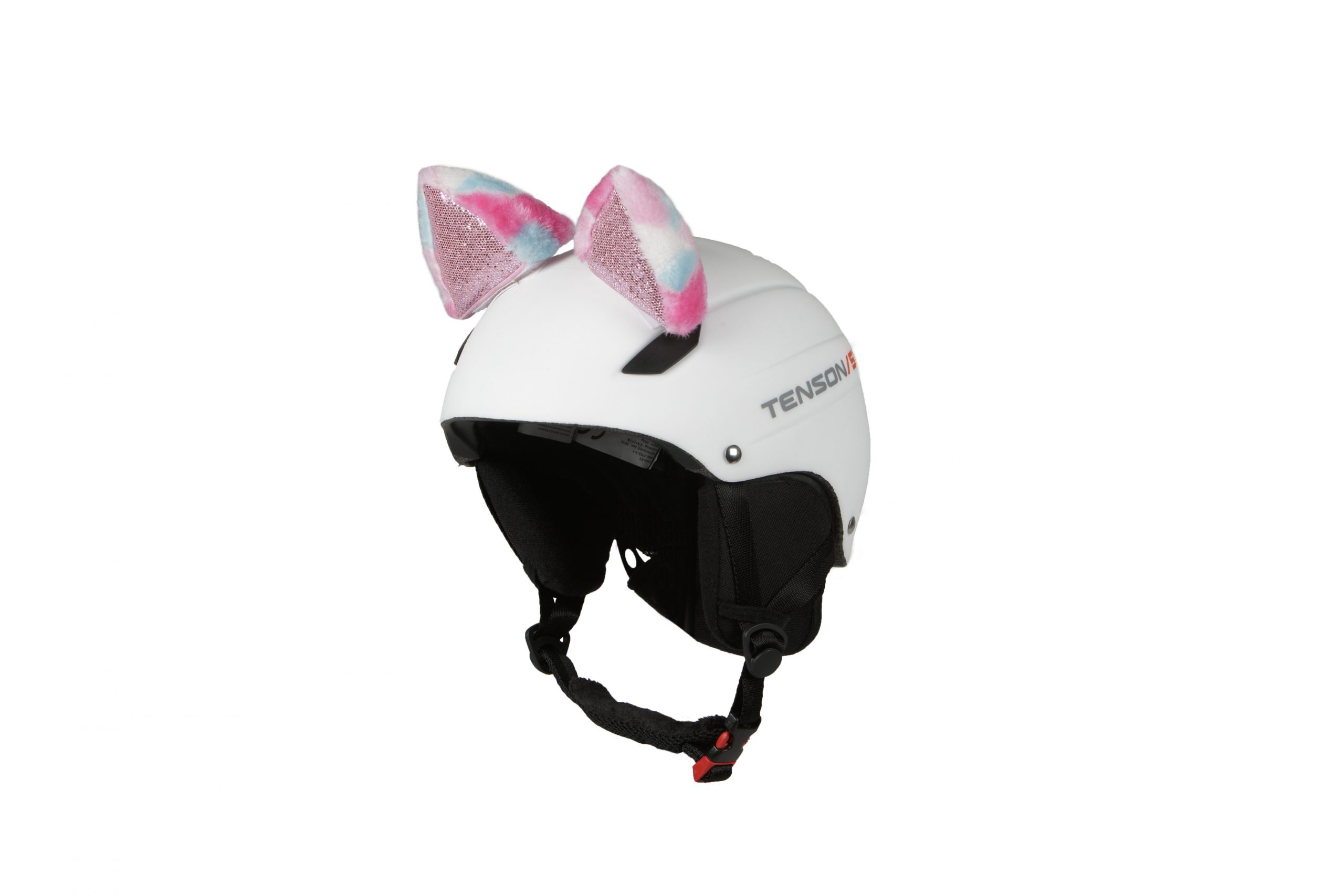 Weißer Skihelm mit schwarzen Riemen und pinkfarbenen Hoxyheads Katzenohren.