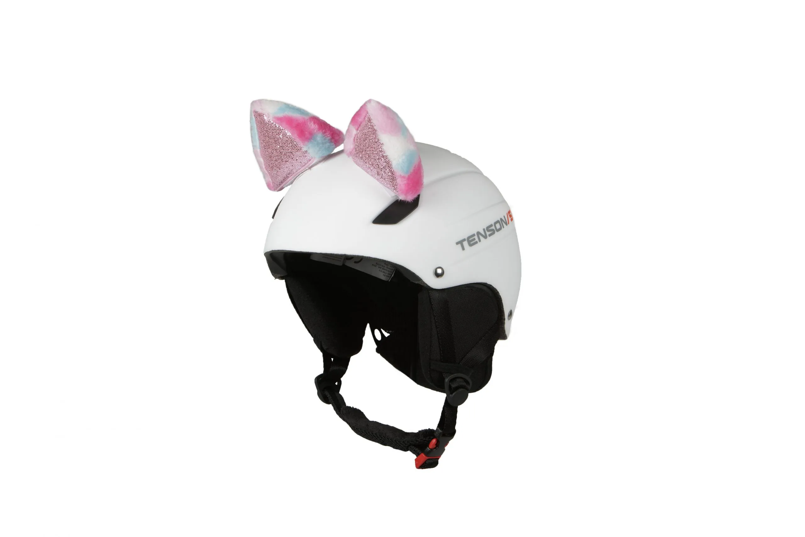 Weißer Skihelm mit schwarzen Riemen und pinkfarbenen Hoxyheads Katzenohren.