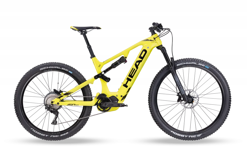 Yellow Muret II EP8 carbon e-mountain bike, side view. RockShox suspension, Mullet Wheels and Shimano brakes visible.