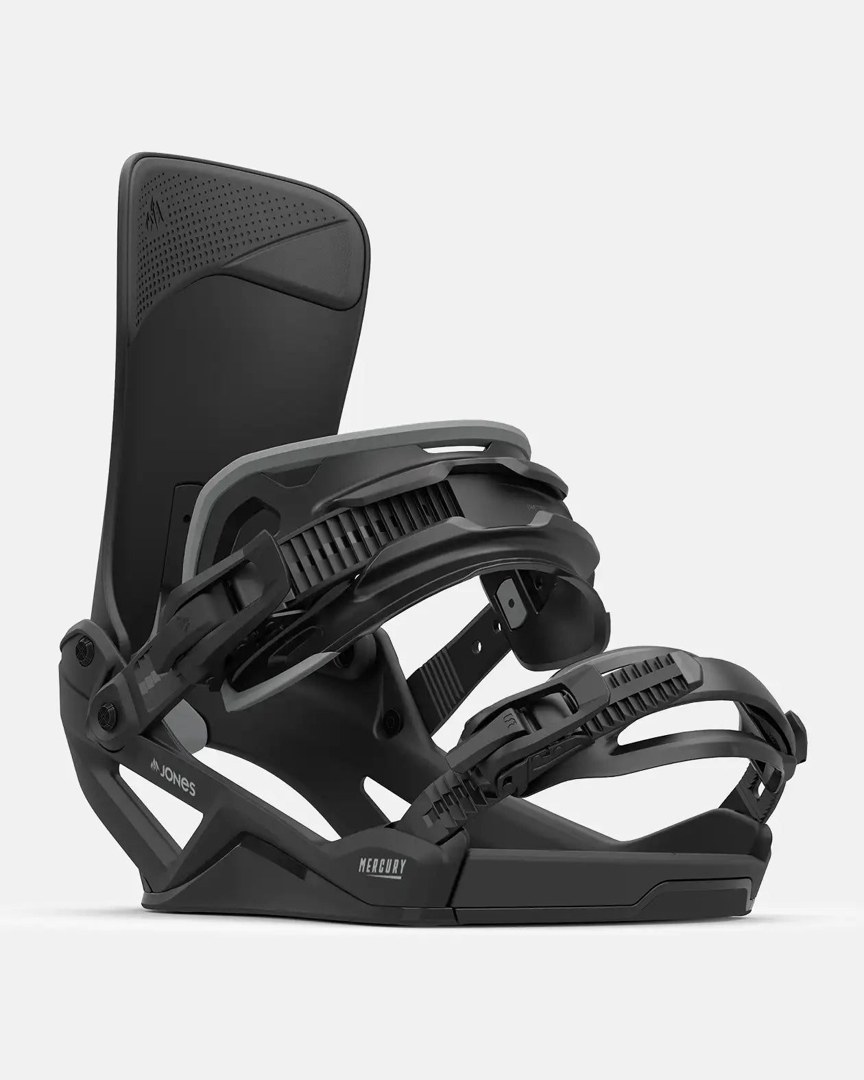 Dunkelgraue Snowboardbindung mit zwei Riemen und hoher Rückenlehne, Jones Mercury-Modell, vor neutralem Hintergrund.