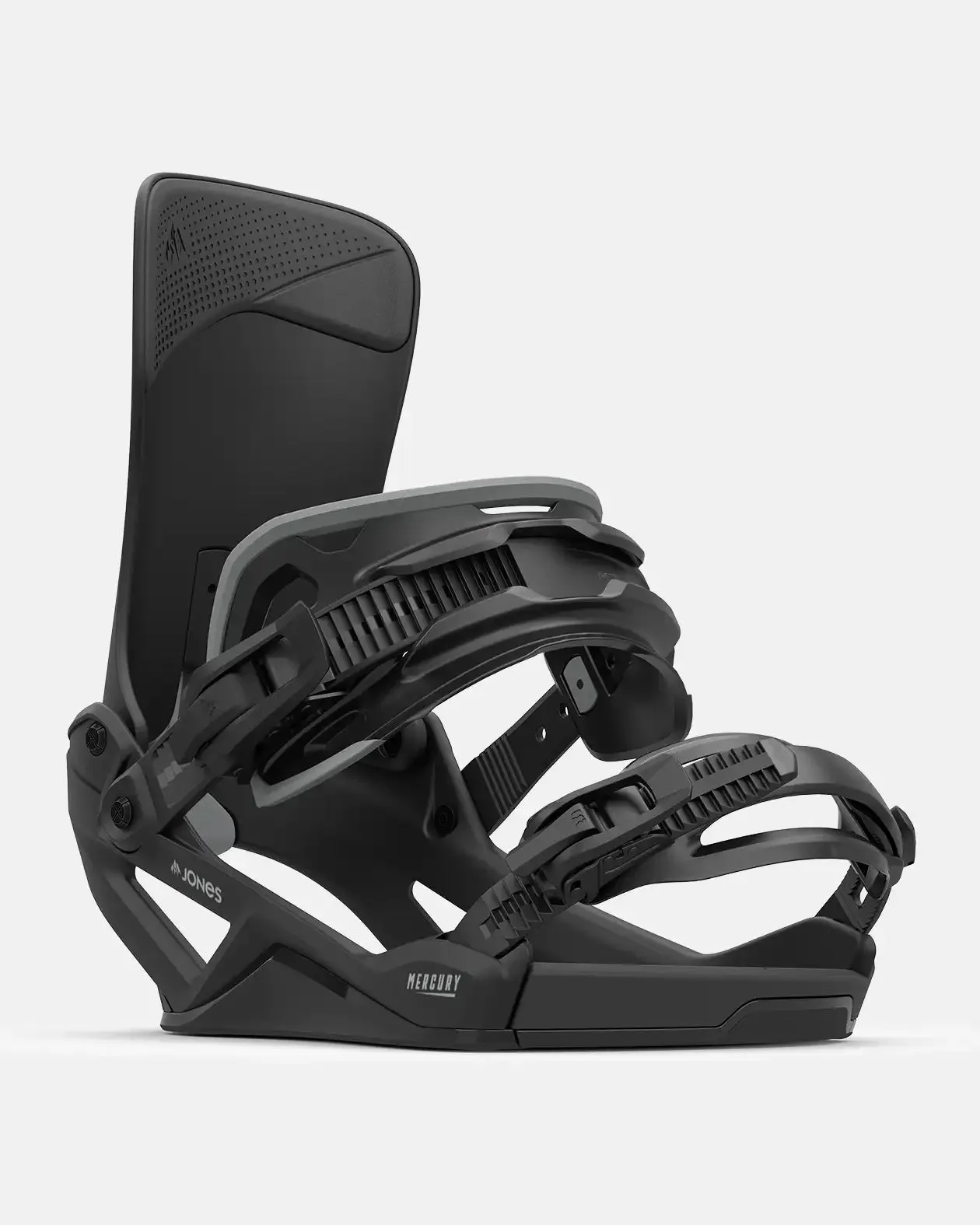 Dark gray snowboard binding with two straps and high backrest, Jones Mercury model, against a neutral background.
