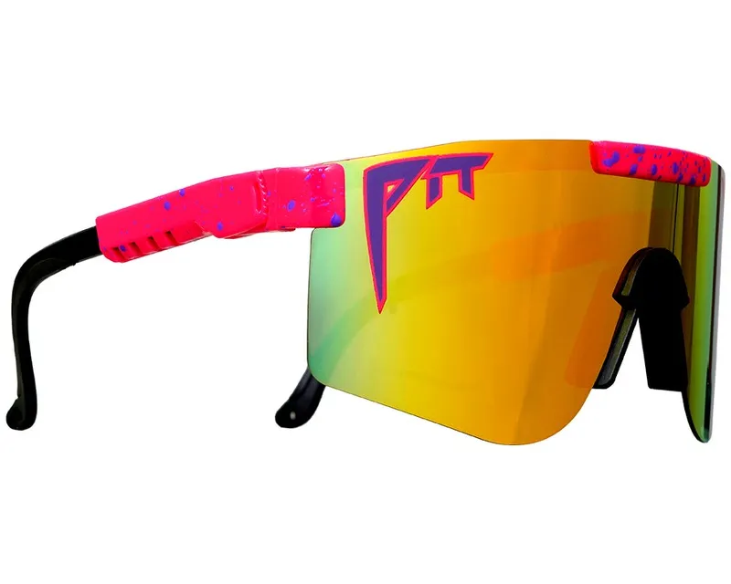 Lunettes de soleil polarisées jaunes et roses avec monture noire de profil.