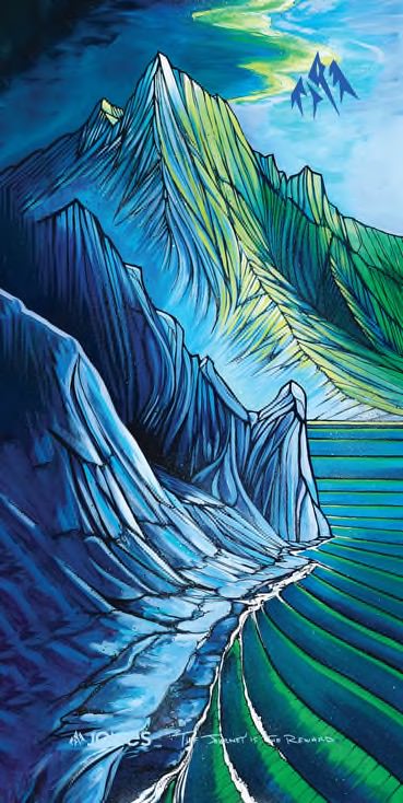 Illustration de montagnes bleues et d'une vallée verte avec une surface d'eau suggérée.
