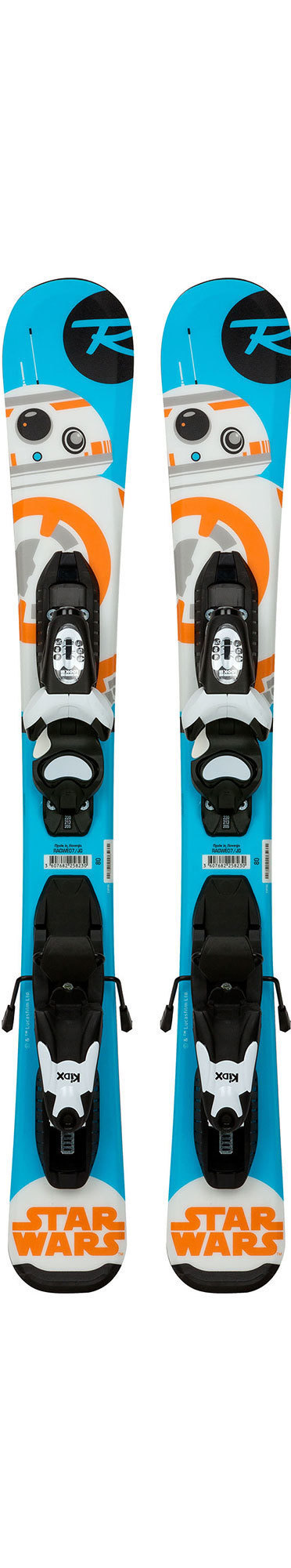 Blau-weisse Star Wars Baby Ski mit Bindung und BB-8-Grafik im Ski-Design.