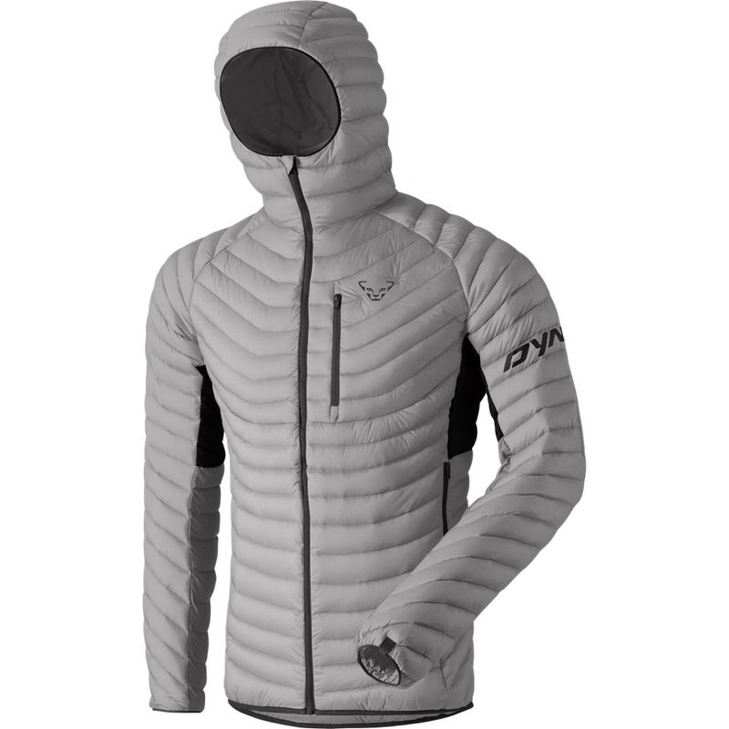 Grey Dynafit Radical down jacket with hood for men, front zipper and logo.