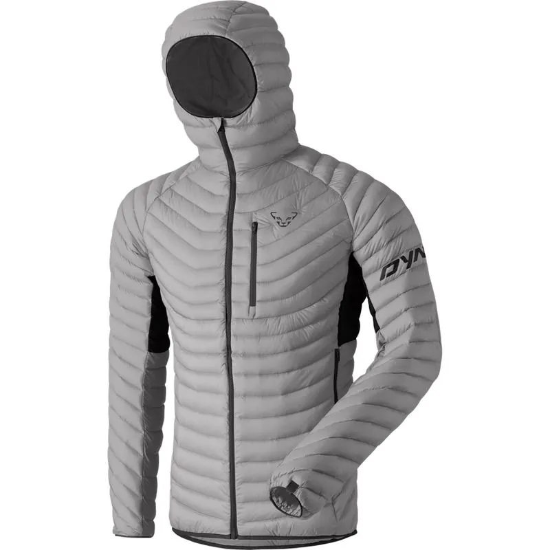 Doudoune grise Dynafit Radical avec capuche pour hommes, zip frontal et logo.
