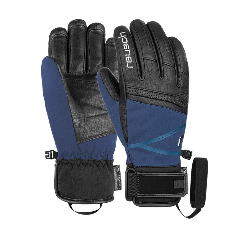 Deux Reusch Mikaela Shiffrin R-TEX® XT Gants de ski en noir et bleu, paumes vers l'avant.