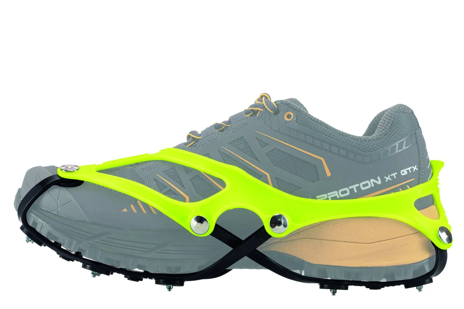 Gray running shoe with yellow Corsa shoe claw and steel tips for winter running.