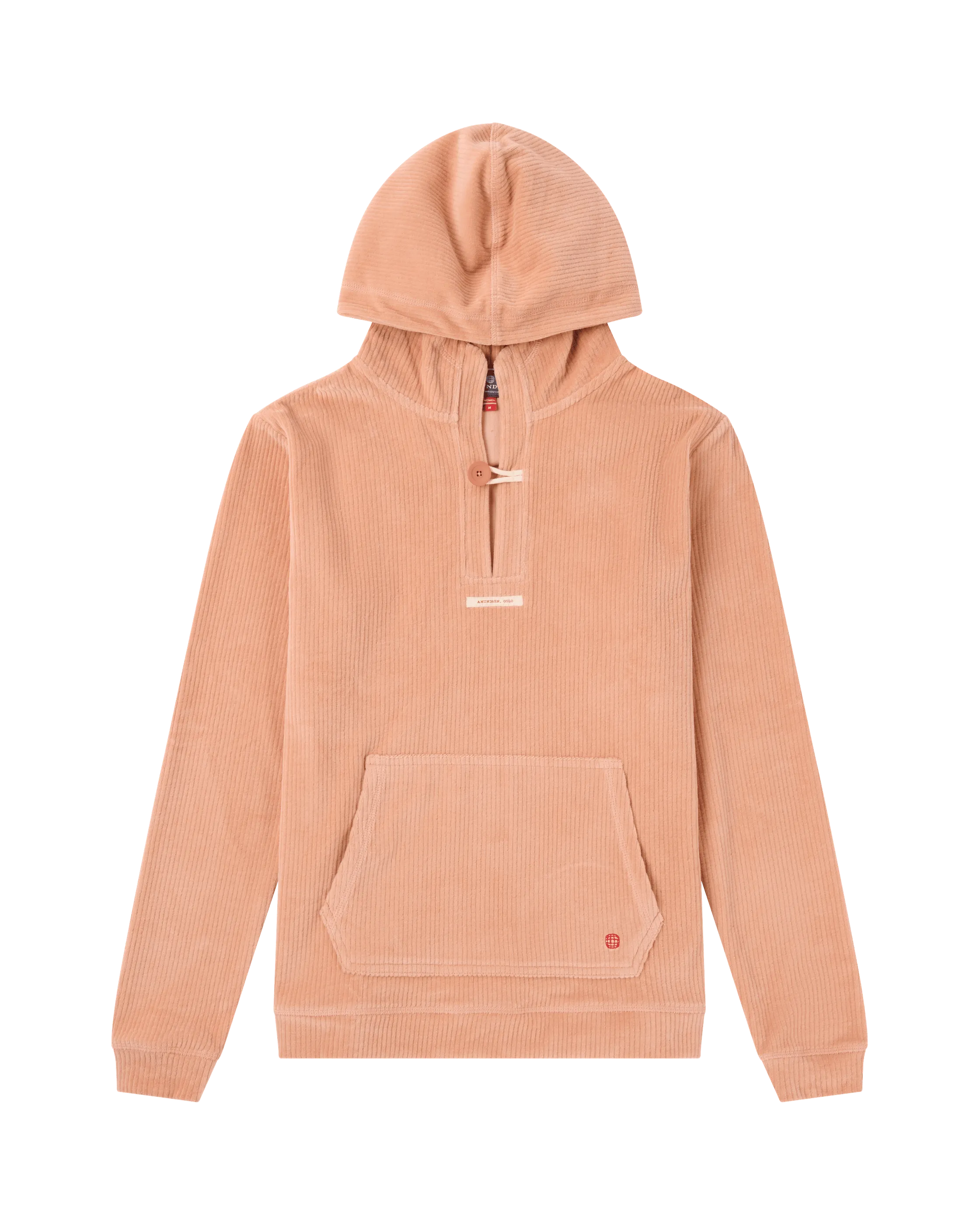 Hellbrauner Cord-Hoodie mit langen Ärmeln, einer aufgesetzten Tasche und einem Knebelverschluss.