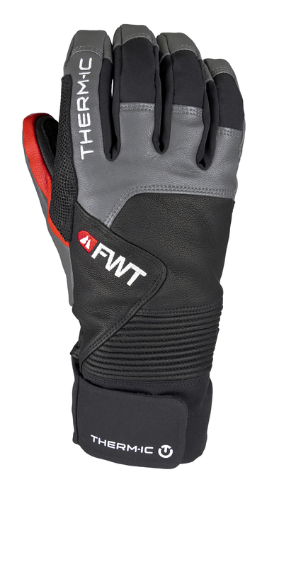 Guanti Therm-ic Freeride Primo piano di un guanto Therm-ic Freeride Extra Warm con logo FWT, dettagli in pelle e tessuto in nero, grigio e rosso.