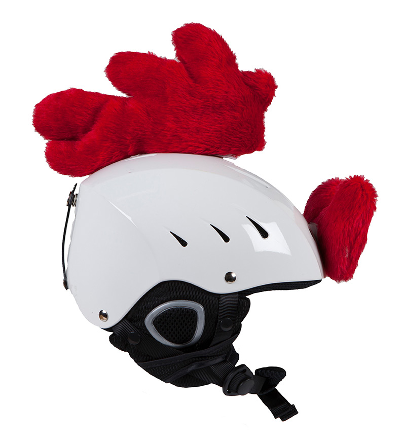 White ski helmet with red, plush cockscomb and Hoxyheads rooster ears for customization.