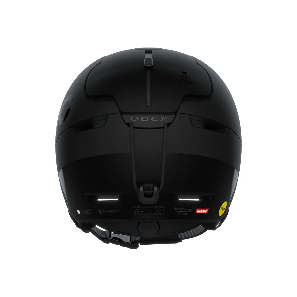 Casque de ski noir POC Obex BC Mips vu de l'arrière. Sont visibles le réflecteur RECCO, le logo Mips, l'indication de la taille et le NFC Medical ID.