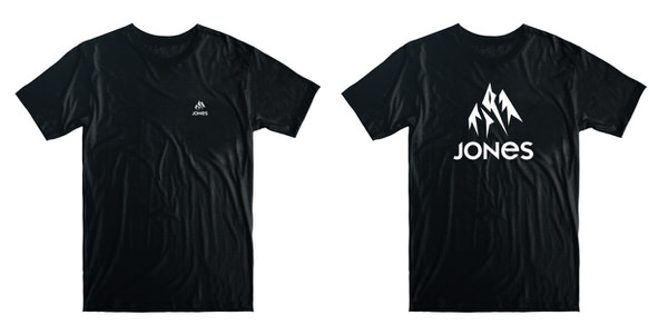 Schwarzes Jones Truckee T-Shirt, Front und Rückseite. Vorne kleines Logo, hinten großes Logo mit Schriftzug.
