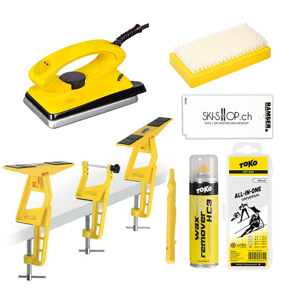 Gelbes Toko Starter Set für Langlauf: Wachsgerät, Ski Vise Nordic, Bürste, Wachs, Abzieher, Reiniger, Rillenstift.