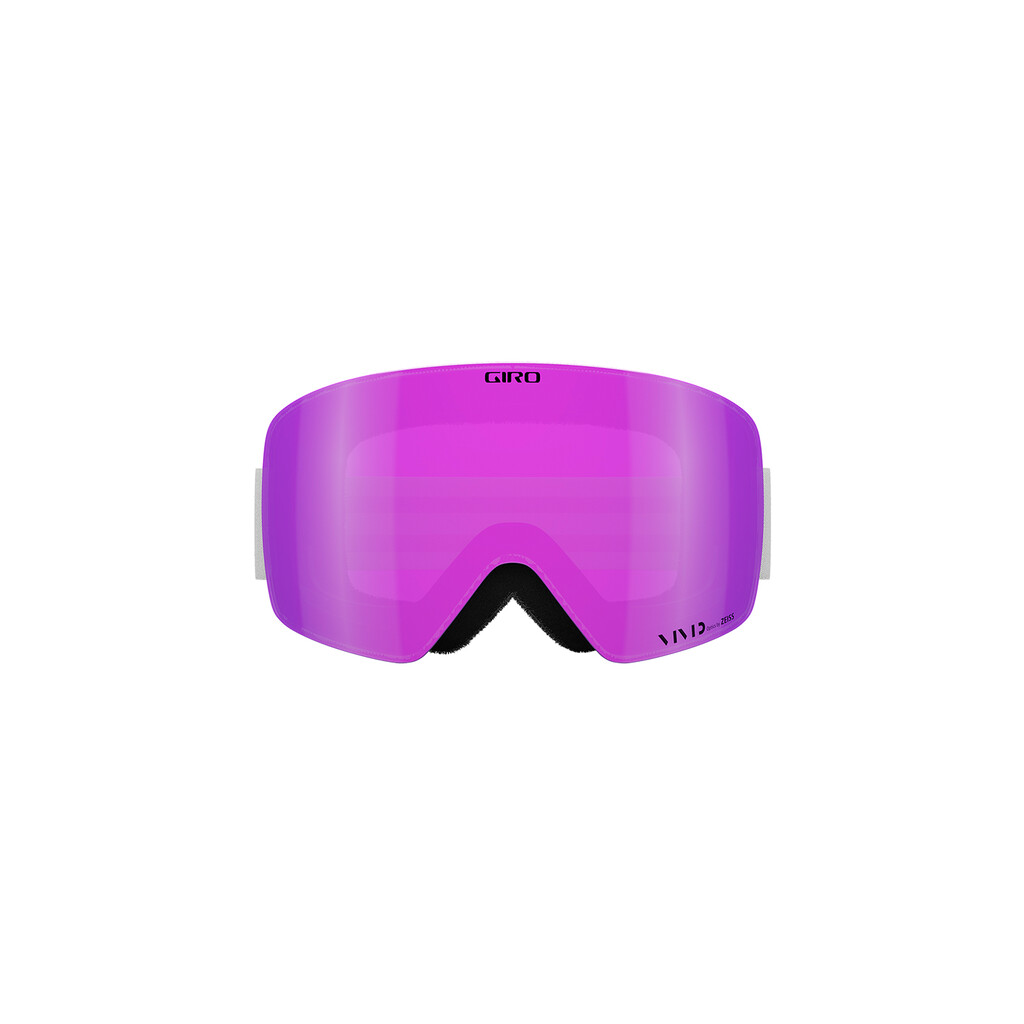 Giro Contour RS Vivid Goggle Frontansicht der Giro Contour RS Vivid Goggle, weiße Fassung, pinke Vivid Scheibe.