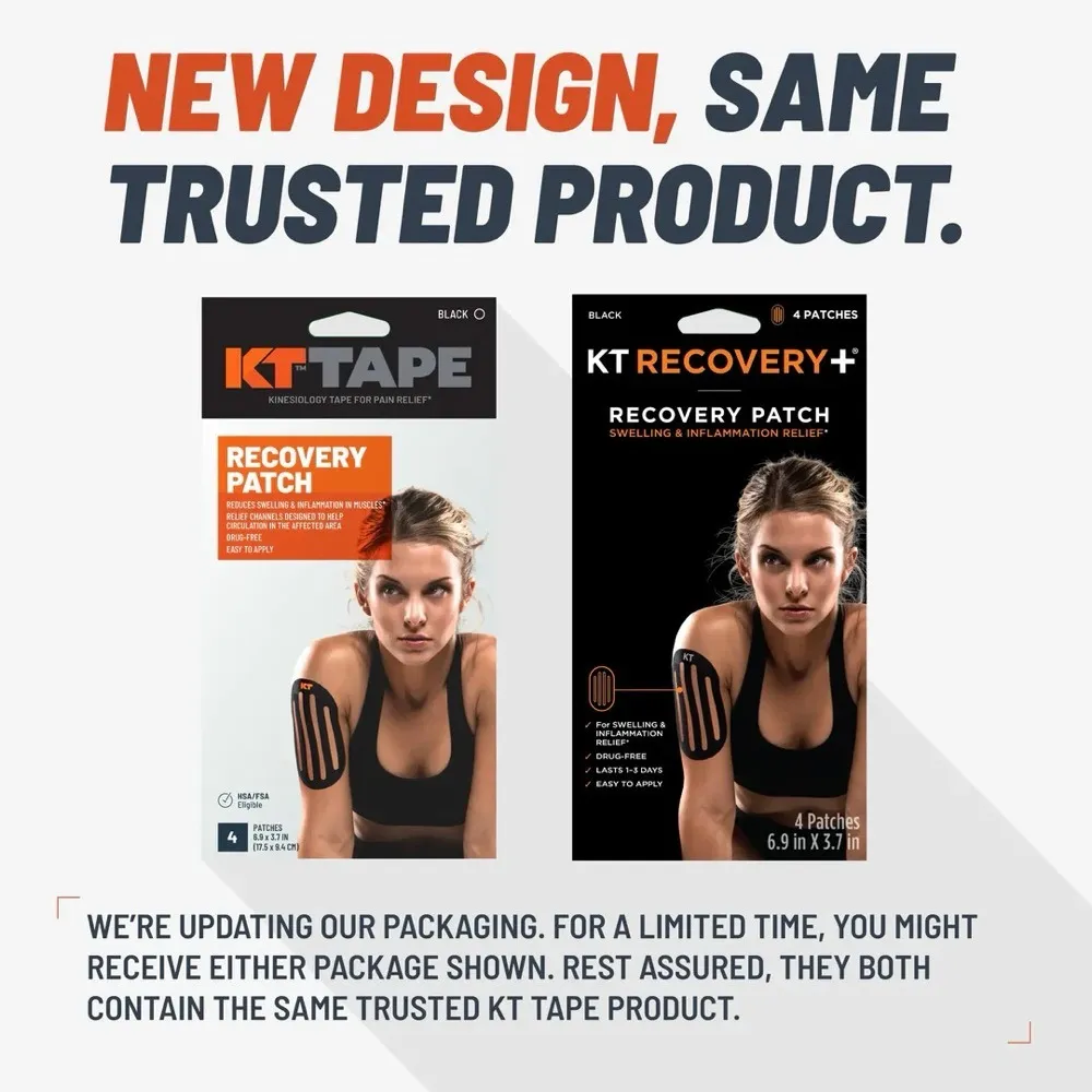 Deux paquets de patchs KT Recovery, l'un "KT Tape" et l'autre " KT Recovery+ ", tous deux avec une femme et un pansement sur le bras.