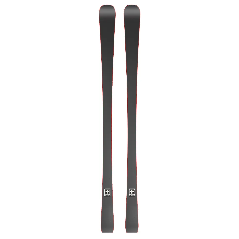 Zwei graue Ramser RED SL Ski mit roter Kante, nebeneinander angeordnet vor einem weißen Hintergrund.
