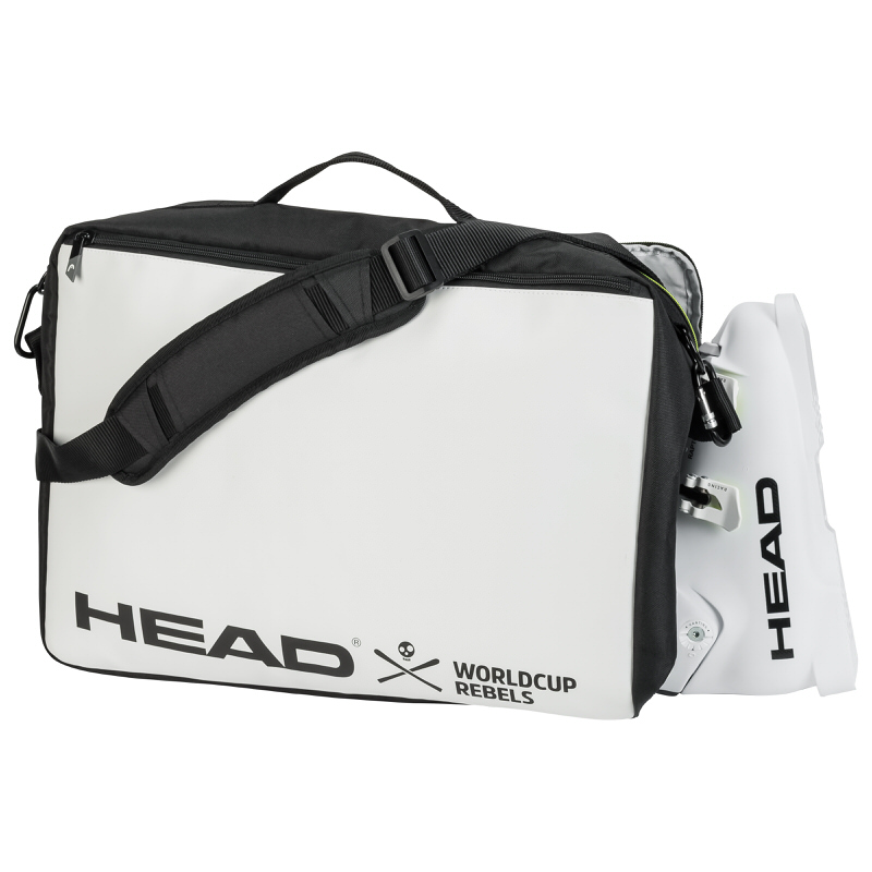 Head Rebels Boot Carry On Tasche in Weiß/Schwarz mit Tragegurt und Skischuh.