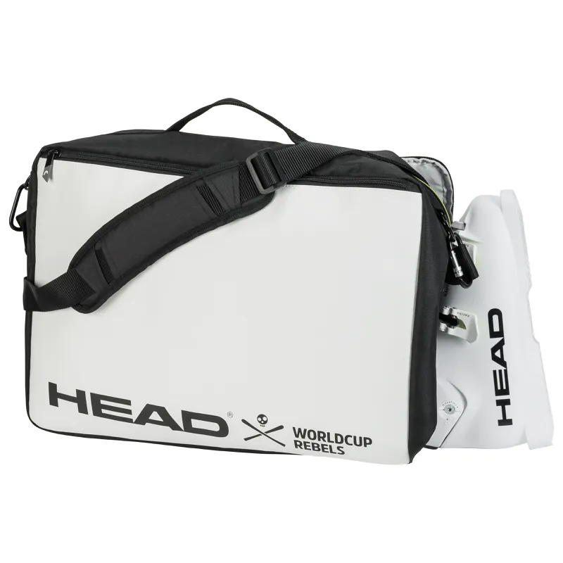 Head Rebels Boot Carry On Tasche in Weiß/Schwarz mit Tragegurt und Skischuh.
