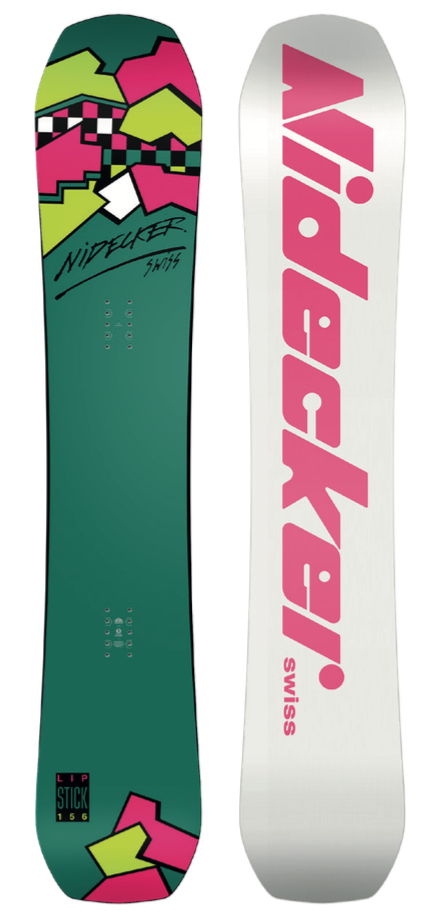 Zwei Nidecker Lip Stick Snowboards, eines mit grünem Design, das andere mit pinkem Schriftzug.