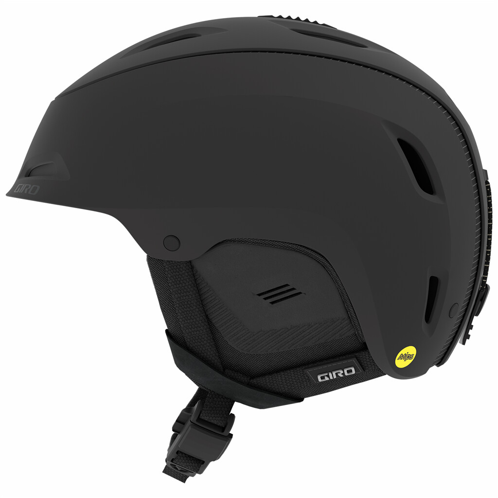 Casque de ski noir mat Giro Range MIPS vu de côté, avec trous d'aération et jugulaire.