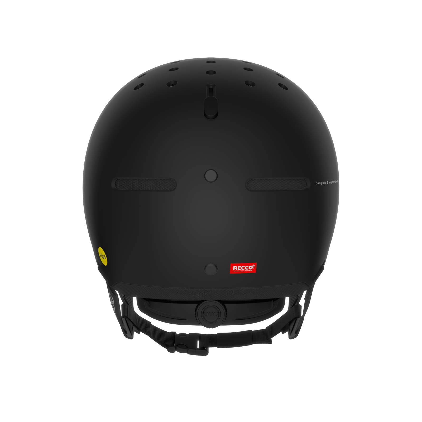 Schwarzer POC Calyx Helm von hinten mit Belüftungslöchern und RECCO-Reflektor am Einstellrad.