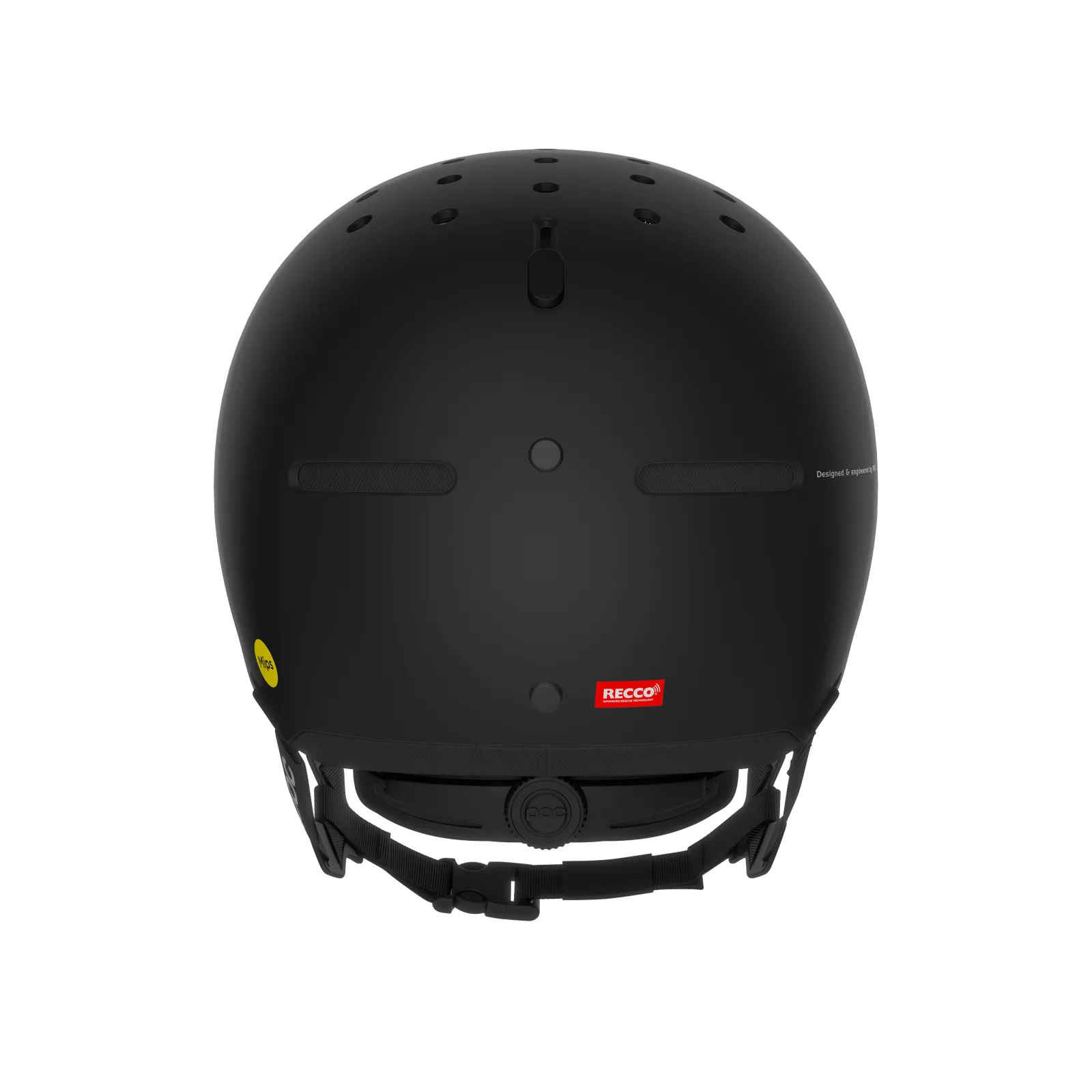 Casque POC Calyx noir vu de l'arrière avec des trous d'aération et un réflecteur RECCO sur la molette de réglage.